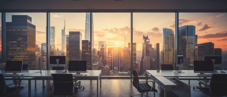 Double exposure of modern office interior with skyscrapers and sunset.の素材