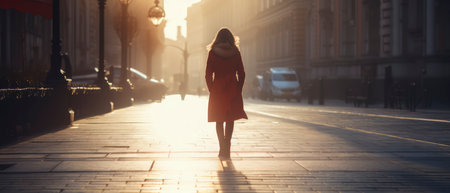 Young woman walking in the city street at sunset. Concept of freedom and happinessの素材