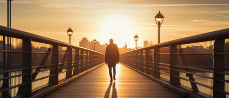 Woman walking on a bridge in New York City at sunset. 3D renderingの素材