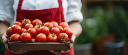 Farmer holding fresh organic tomatoes in a basket. selective focus.の素材