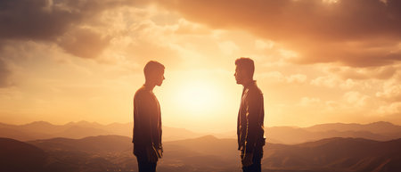 Silhouette of two young men standing on top of mountain and looking at sunsetの素材