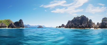 Panoramic seascape. Seascape with islands and blue skyの素材