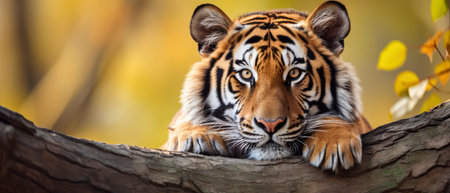 Close up of a tiger lying on a tree branch in the forestの素材