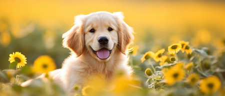 Cute Golden Retriever puppy in a field of sunflowersの素材