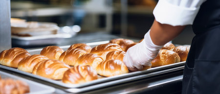 Close-up of the hands of a female baker holding a tray with freshly baked croissantsの素材