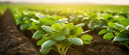 Green soybean plants growing in field, close up of soybean plantsの素材