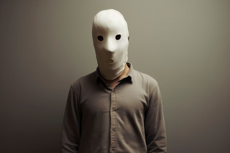 Man with white mask on his face. Isolated on grey background.の素材
