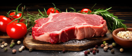 Raw beef steak on cutting board with herbs and spices on wooden backgroundの素材