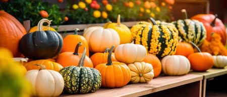 Colorful pumpkins on display at the market. Autumn background.の素材