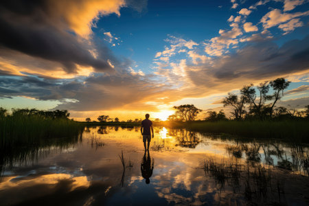 Person Silhouetted Against a Breathtaking Sunset Reflection in Wetlandsの素材