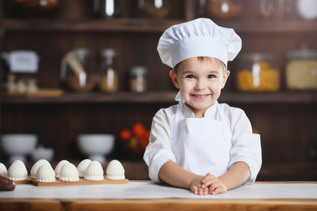 Cheerful little boy in chef's hat and apron is smiling while cooking cookies in the kitchenの素材