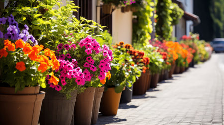 Flowers in pots on the street of the old town in summerの素材