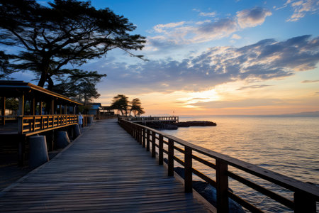 Wooden pier on the sea at sunset. Beautiful natural background.の素材