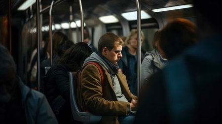 Young man traveling in a subway car. People on the train.の素材