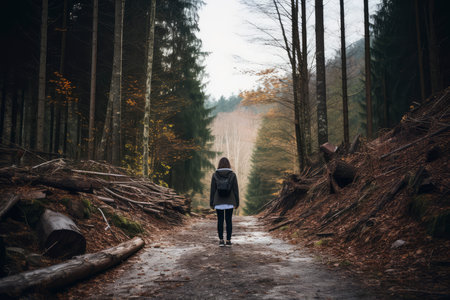 A young woman walks through the forest and enjoys the beauty of nature.の素材
