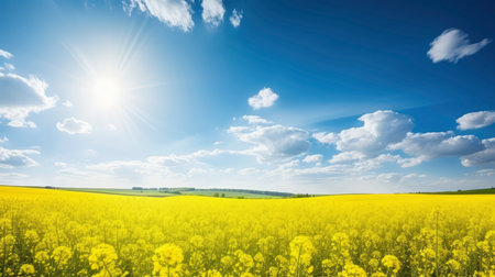 Field of yellow colza with blue sky and sun in the backgroundの素材
