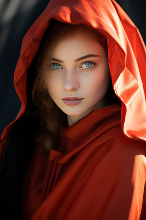 Portrait of a beautiful girl in a red cloak. Beauty, fashion.の素材