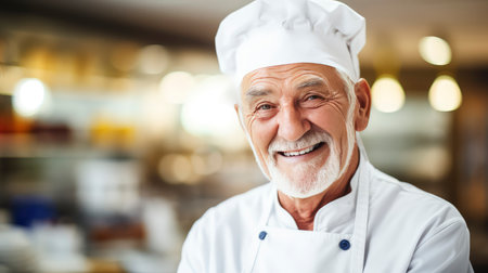Portrait of a smiling senior male chef standing in a restaurant kitchenの素材
