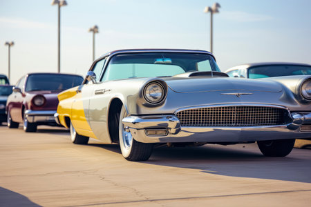 Side view of old american cars parked in a row at a car show in San Jose, CA, USA.の素材