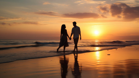 Silhouette of young couple holding hands on the beach at sunset.の素材