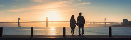 Silhouette of a loving couple standing on the pier and looking at the sunsetの素材