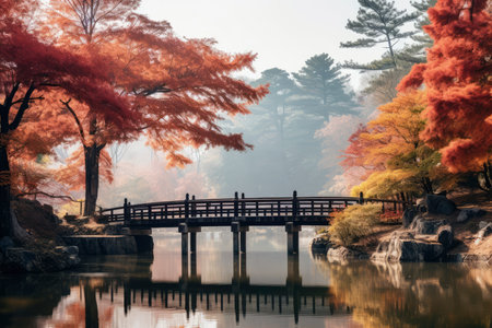 Beautiful autumn landscape with colorful trees and wooden bridge in the parkの素材