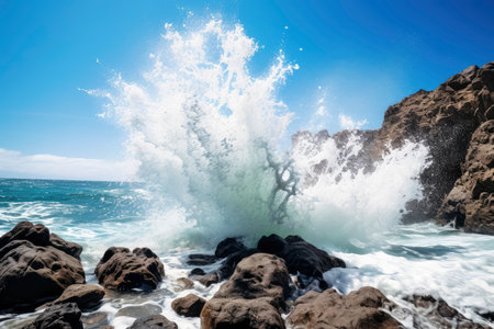 big wave breaking on the rocks on the beach with blue sky backgroundの素材