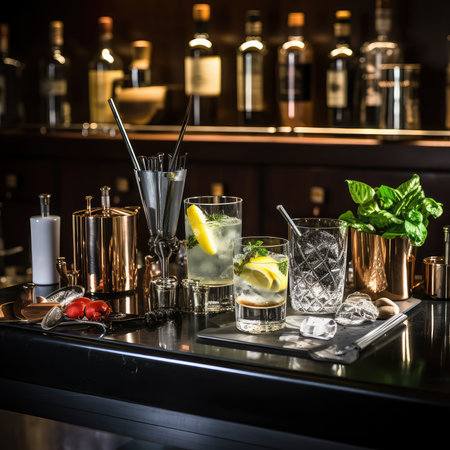 Cocktail with lime and mint on the bar counter in barの素材