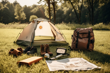 Camping equipment on the green grass in the forest. Travel conceptの素材