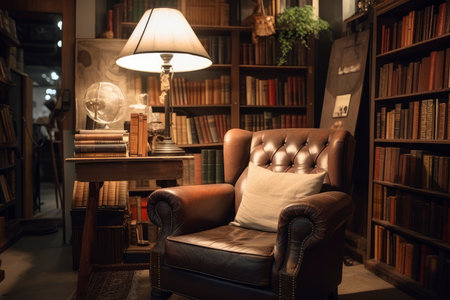 Luxury antique leather armchair in the library with bookshelfの素材