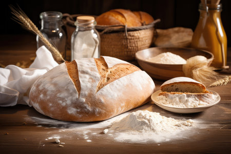 Freshly baked bread on a wooden table. Selective focus.の素材