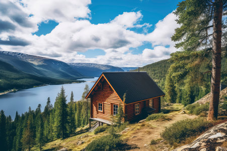 Beautiful mountain landscape with a wooden house on the shore of the lake.の素材