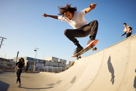 Skateboarder doing a trick in a skate park. Skateboarder performing a trick.の素材