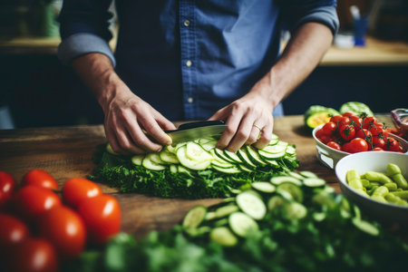 Man preparing vegetable salad in kitchen, cutting cucumber. Healthy food conceptの素材