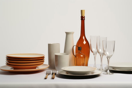 Table setting with empty plates, glasses and cutlery on white backgroundの素材