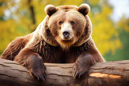 brown bear sitting on a wooden fence in the park. close-upの素材