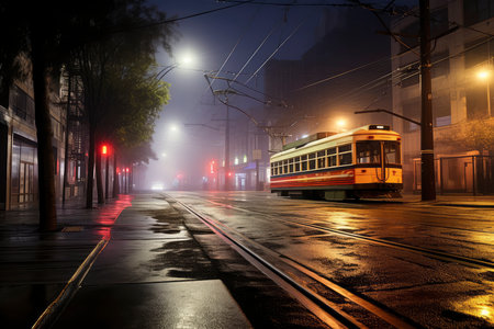 Misty City Night with Vintage Tram and Illuminated Streetsの素材