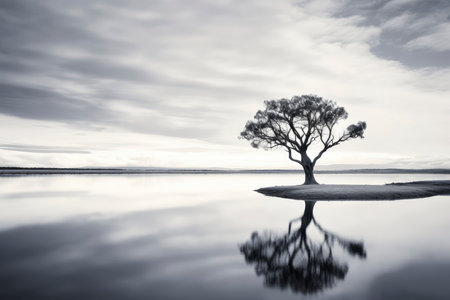 A solitary tree stands on a small islet, its reflection mirrored perfectly in the calm waters under a moody skyの素材