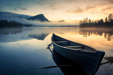 A tranquil early morning view of a still lake reflecting a moody sky, with a single boat anchored at the shore. Mist rises off the water surface, enveloping trees and distant mountains in a soft hazeの素材