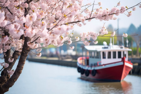 A spring day by the river featuring a blooming cherry tree with soft pink blossoms and a red and white boat moored at the bankの素材