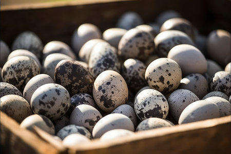 A close-up of a wooden crate filled with speckled quail eggs basked in soft sunlight, showcasing the natural patterns and textures of the eggsの素材