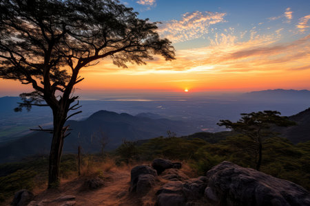 A stunning sunset view from a mountain trail, with the sun dipping below the horizon casting vibrant orange hues over the landscapeの素材