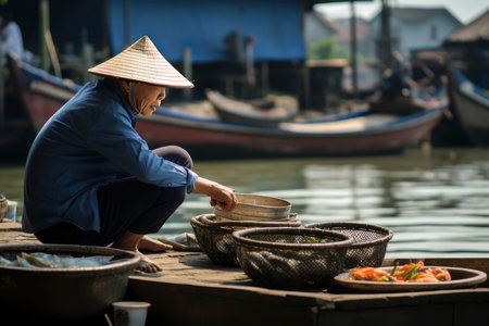Person Sitting on Dock With Bowls of Foodの素材