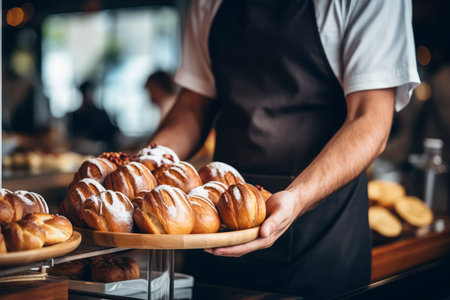 Baker Holding Plate of Freshly Baked Croissantsの素材