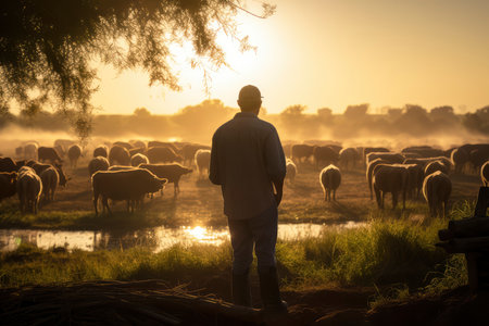 Man Standing in Front of a Herd of Sheepの素材