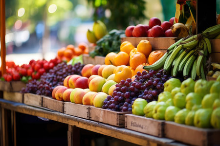 Assorted Fruits and Vegetables Displayed on a Fruit Standの素材