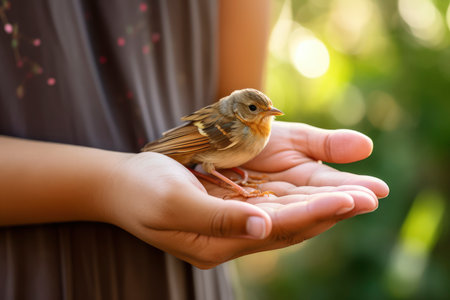 Witness the tender moment as a person cradles a small bird in their hands, forming an intimate bond.の素材