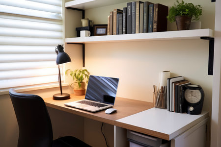 A laptop computer placed on top of a wooden desk, ideal for work and boosting productivity.の素材