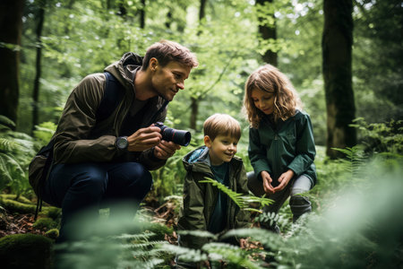 A man and two children happily explore the woods, surrounded by nature and adventure.の素材