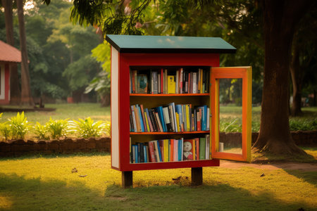 A red bookcase stands in the grass, displaying neatly arranged books for a serene reading experience among nature.の素材